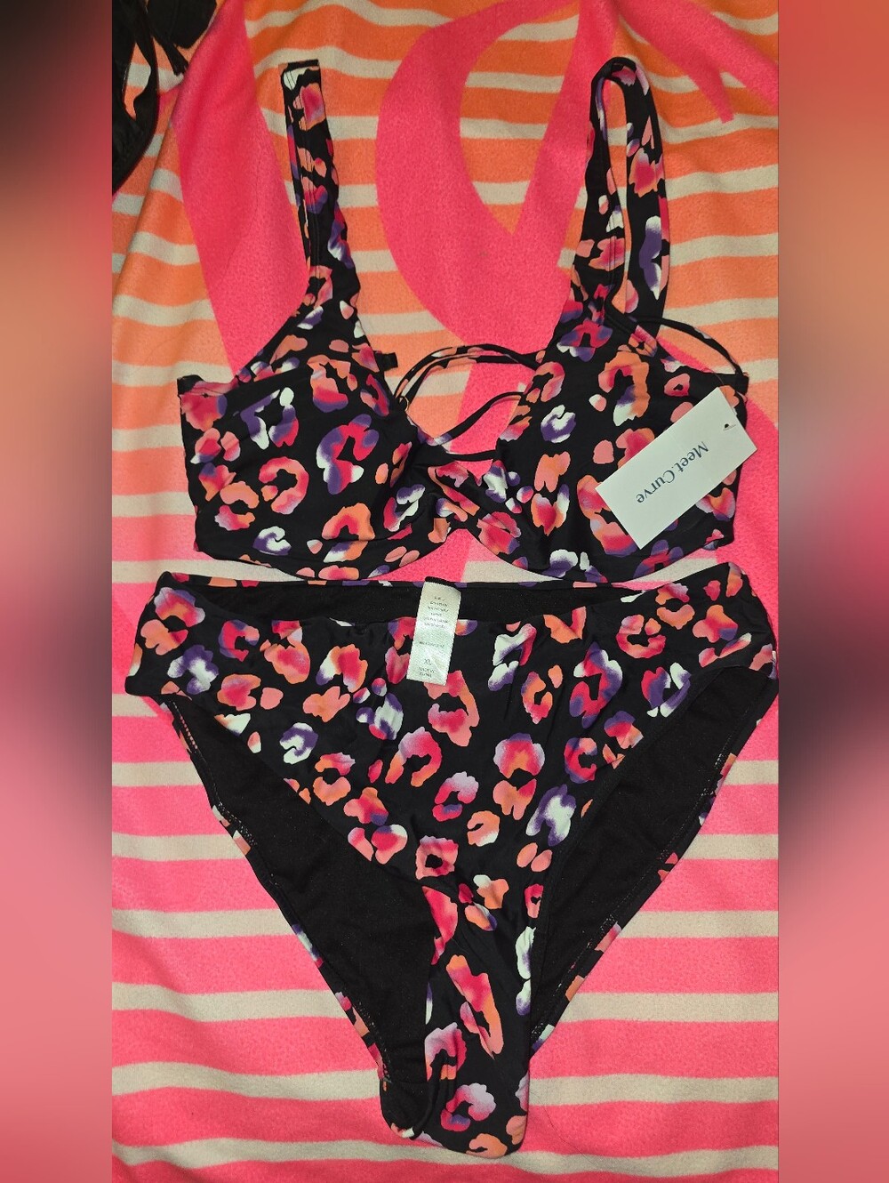 Meet Curve Women’s Black Multi Leopard Print Bikini Top and Bottom Set